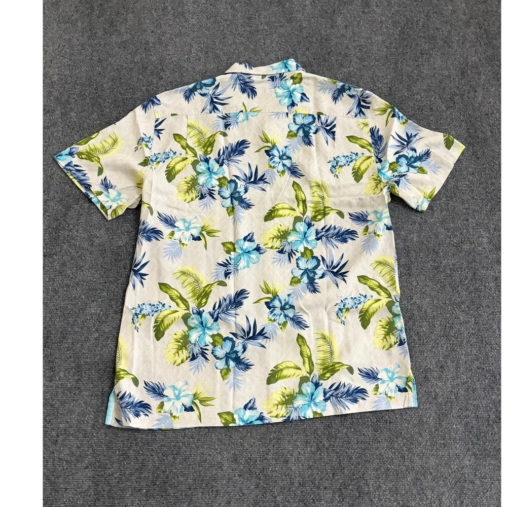Tommy Bahama Mens Large Silk Floral Camp Shirt Blue Green Hibiscus Tropical L